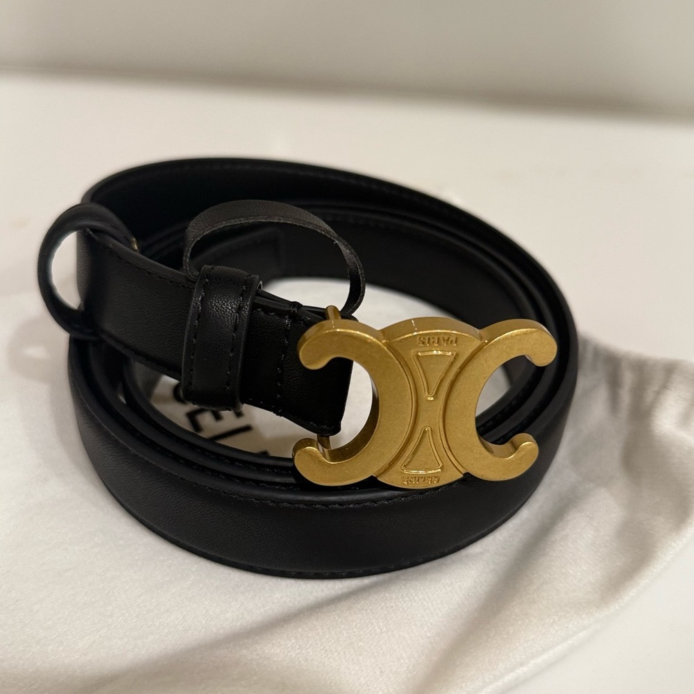 Celine Black Leather Belt with Gold Accent